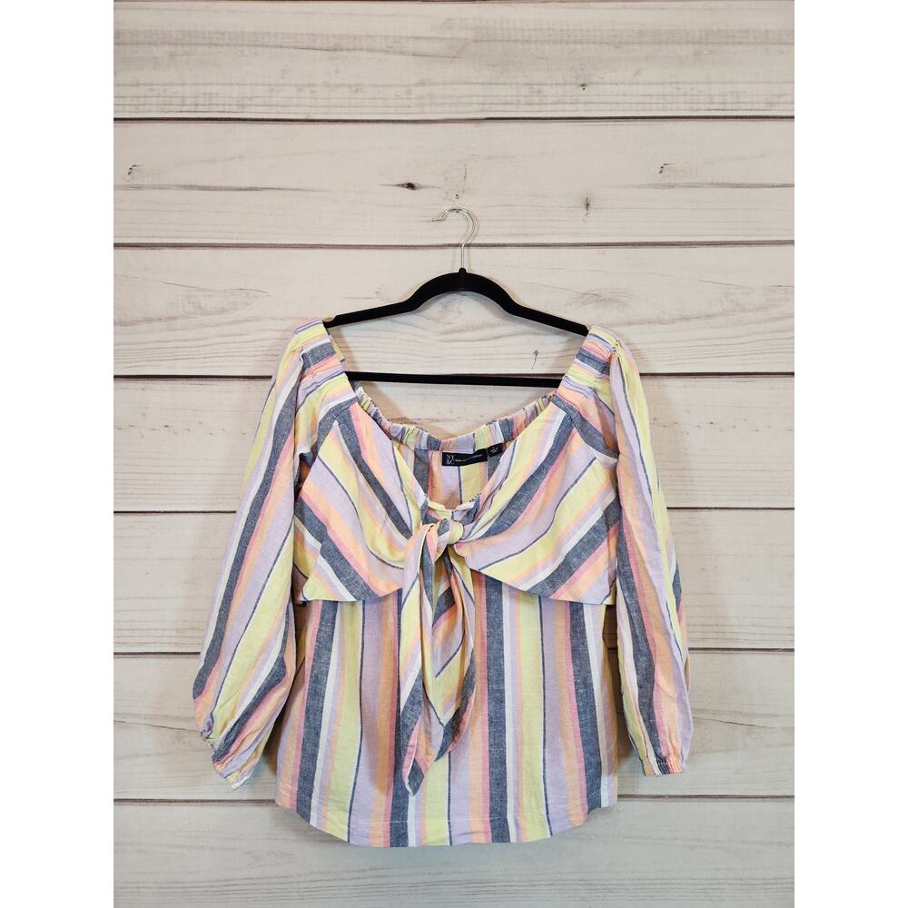 NY& C Women's Multicolor Striped Tie Front Off The Shoulder Crop‎ Top Size Large